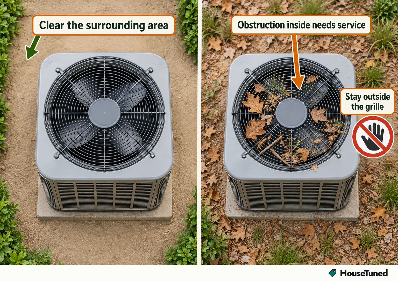 Two overhead views of a stopped outdoor condenser cabinet: ground around it cleared on the left, leaves and twigs trapped in the top grille on the right.