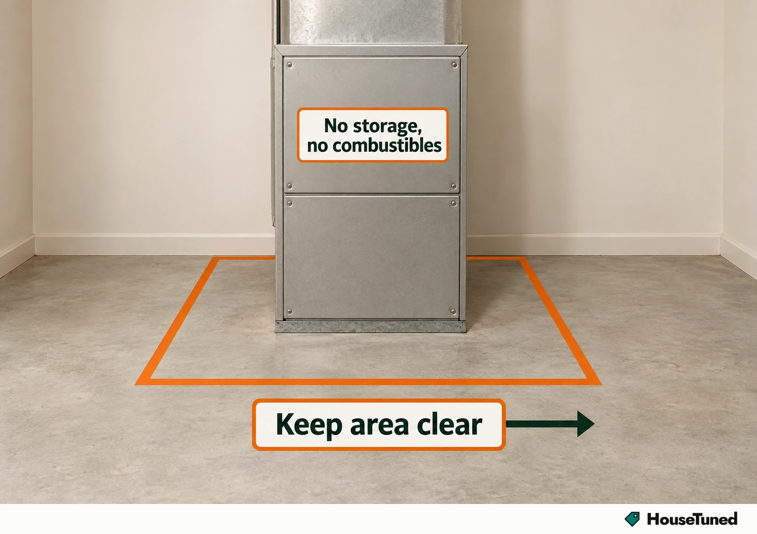 Generic indoor furnace or air handler cabinet with the floor around it left bare and an outlined clear zone.