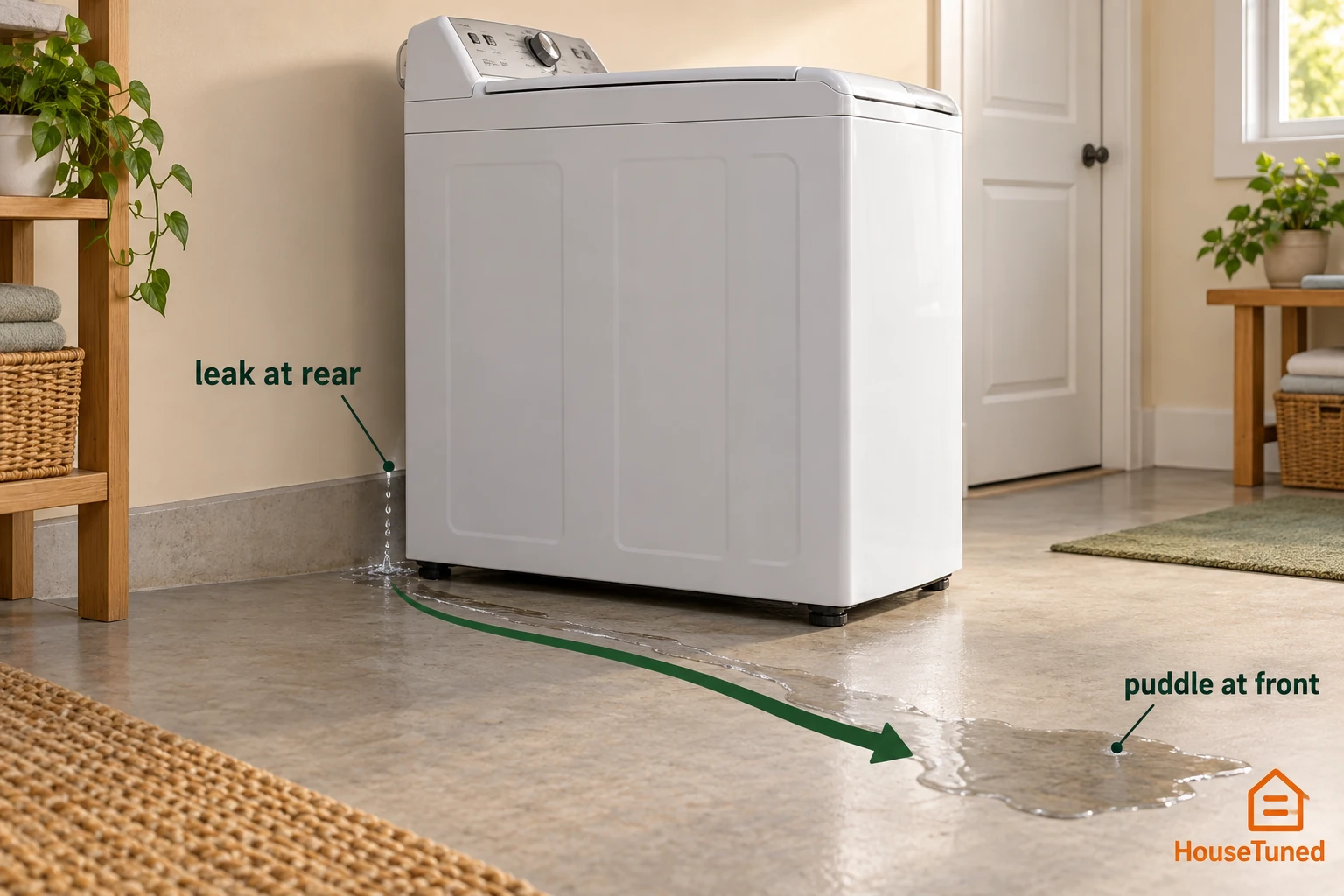 Side view of a washer on a sloping floor, with water traveling from the rear to a puddle at the front.