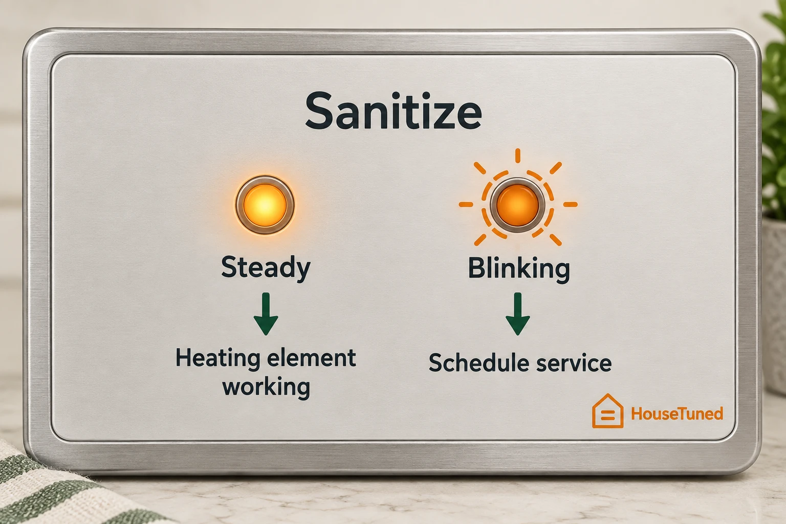 A Sanitize indicator lamp shown glowing steady to mean the heating element works, beside the same lamp blinking to mean service is needed.