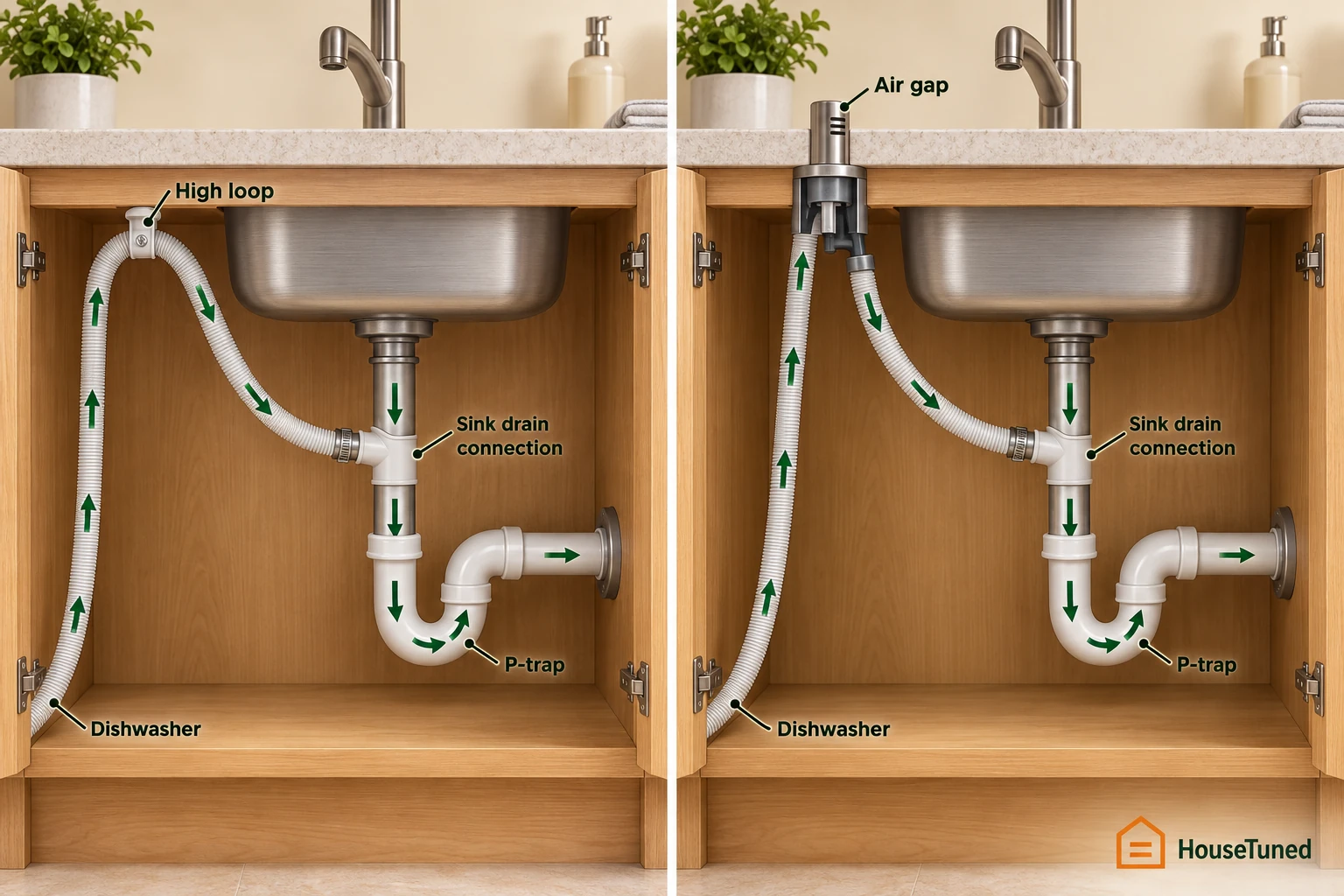Two under-sink views of a dishwasher drain hose: one with a high loop under the counter, one routed through an air gap beside the faucet.