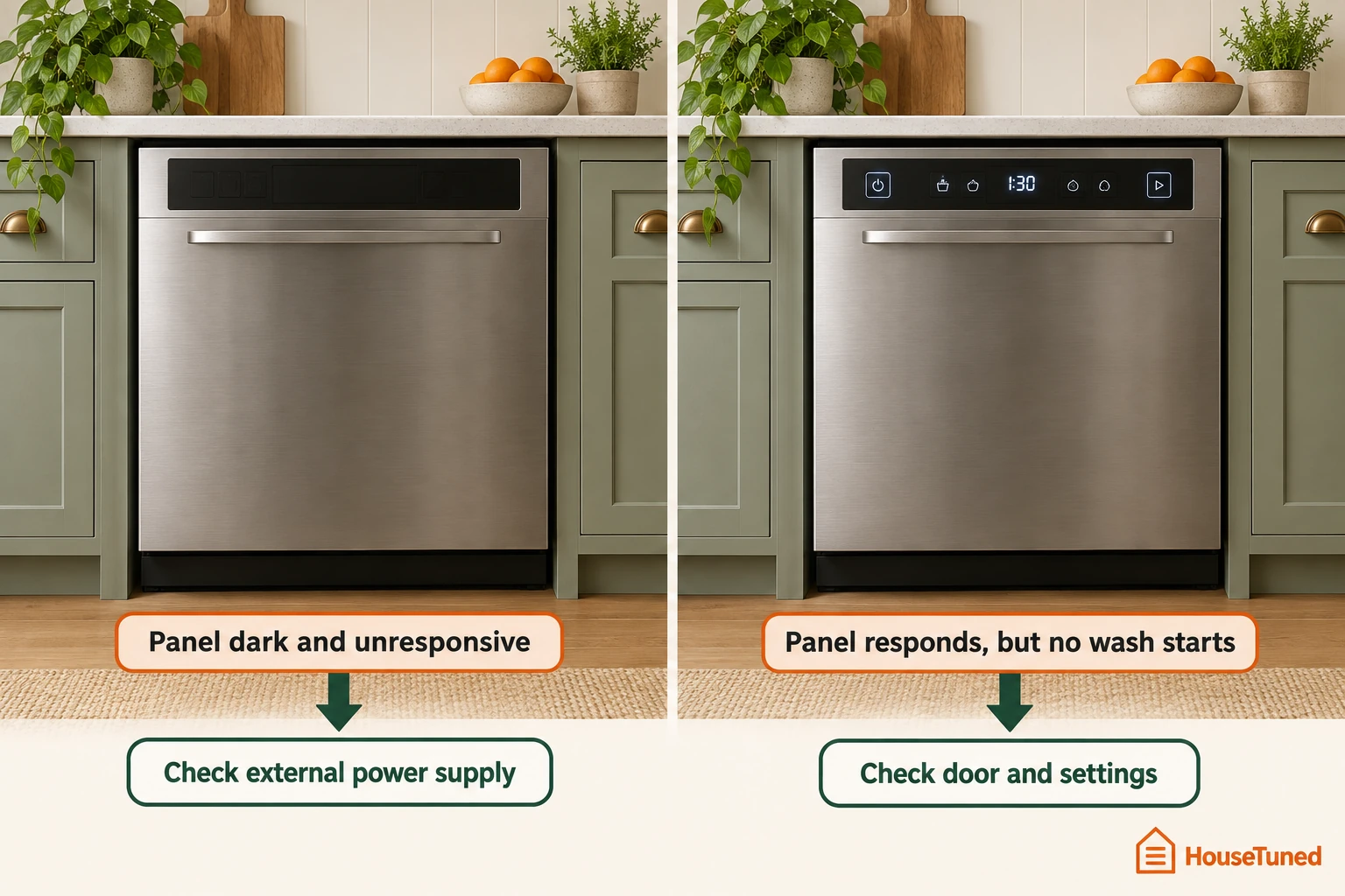 Two views of the same closed dishwasher front. On the left the control panel display is dark; on the right the display and buttons are lit.
