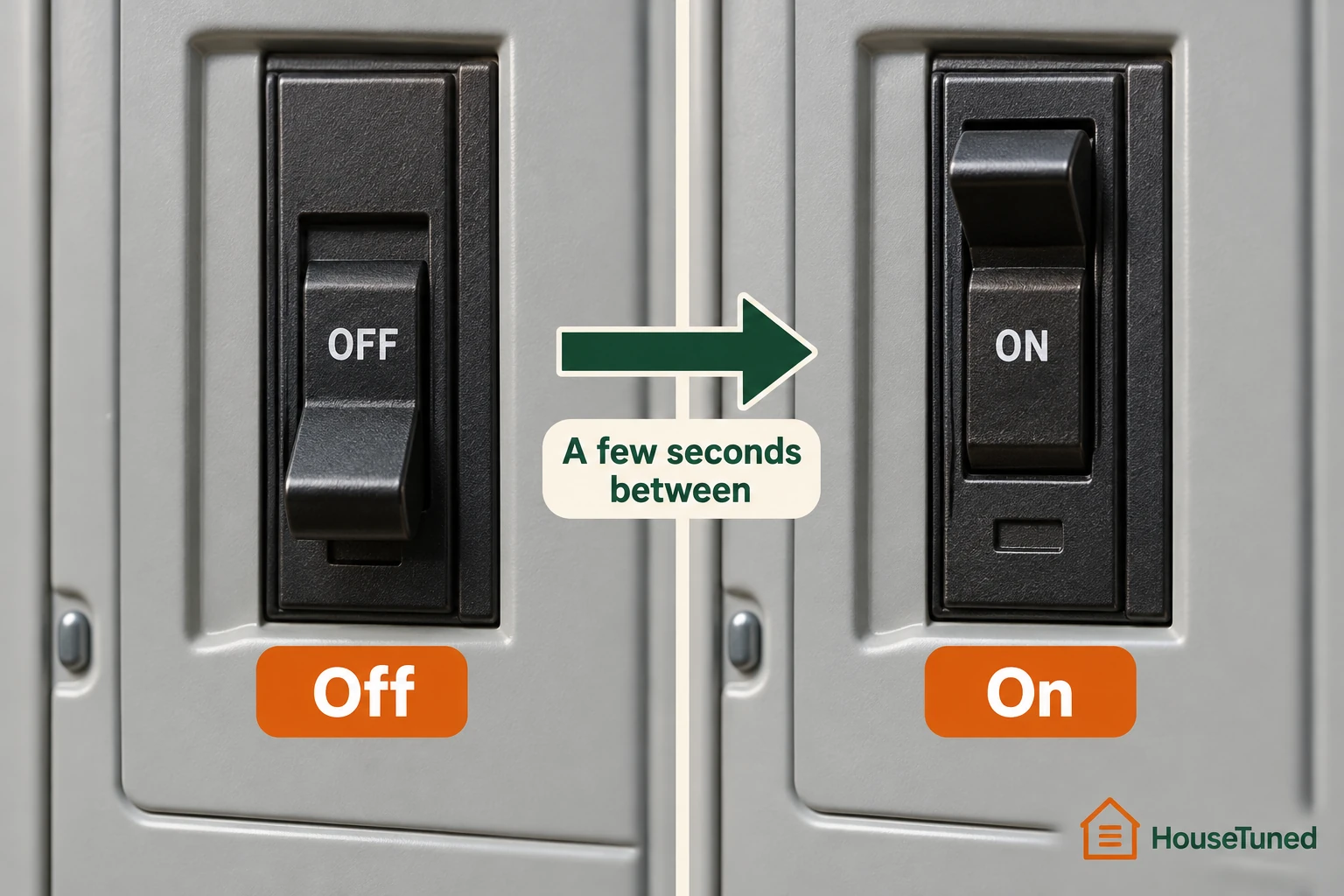 Close-up of a single generic breaker switch shown twice: flipped to Off, then flipped to On a few seconds later.