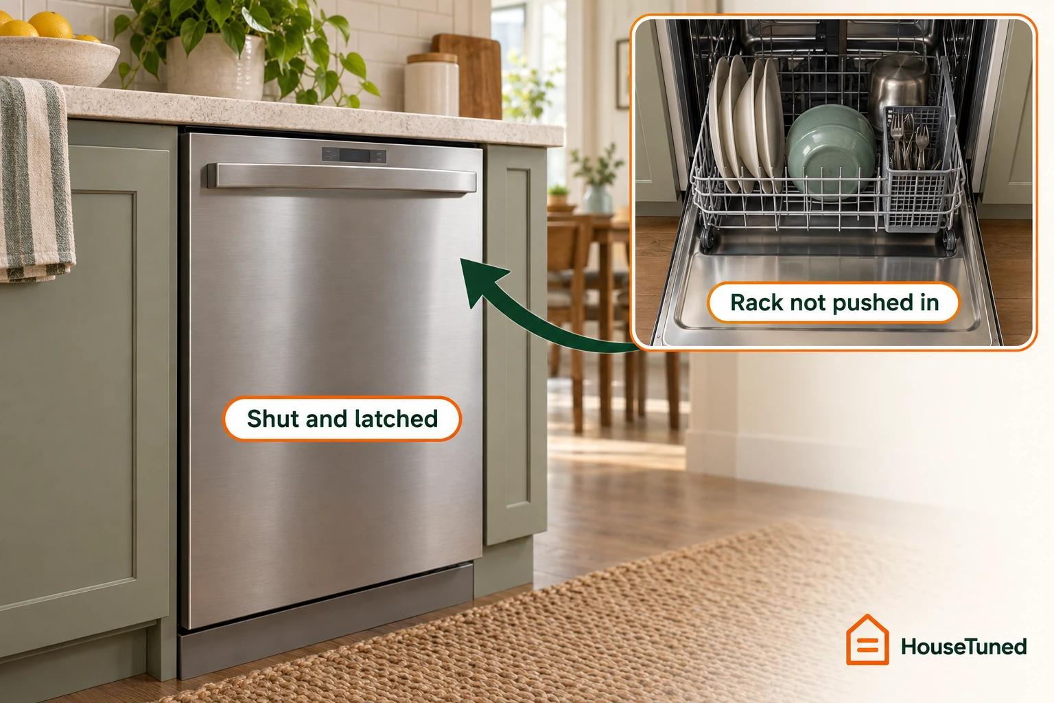 Generic dishwasher with its door shut flush under a counter, plus a close-up of the lower rack pulled forward before the door is closed.