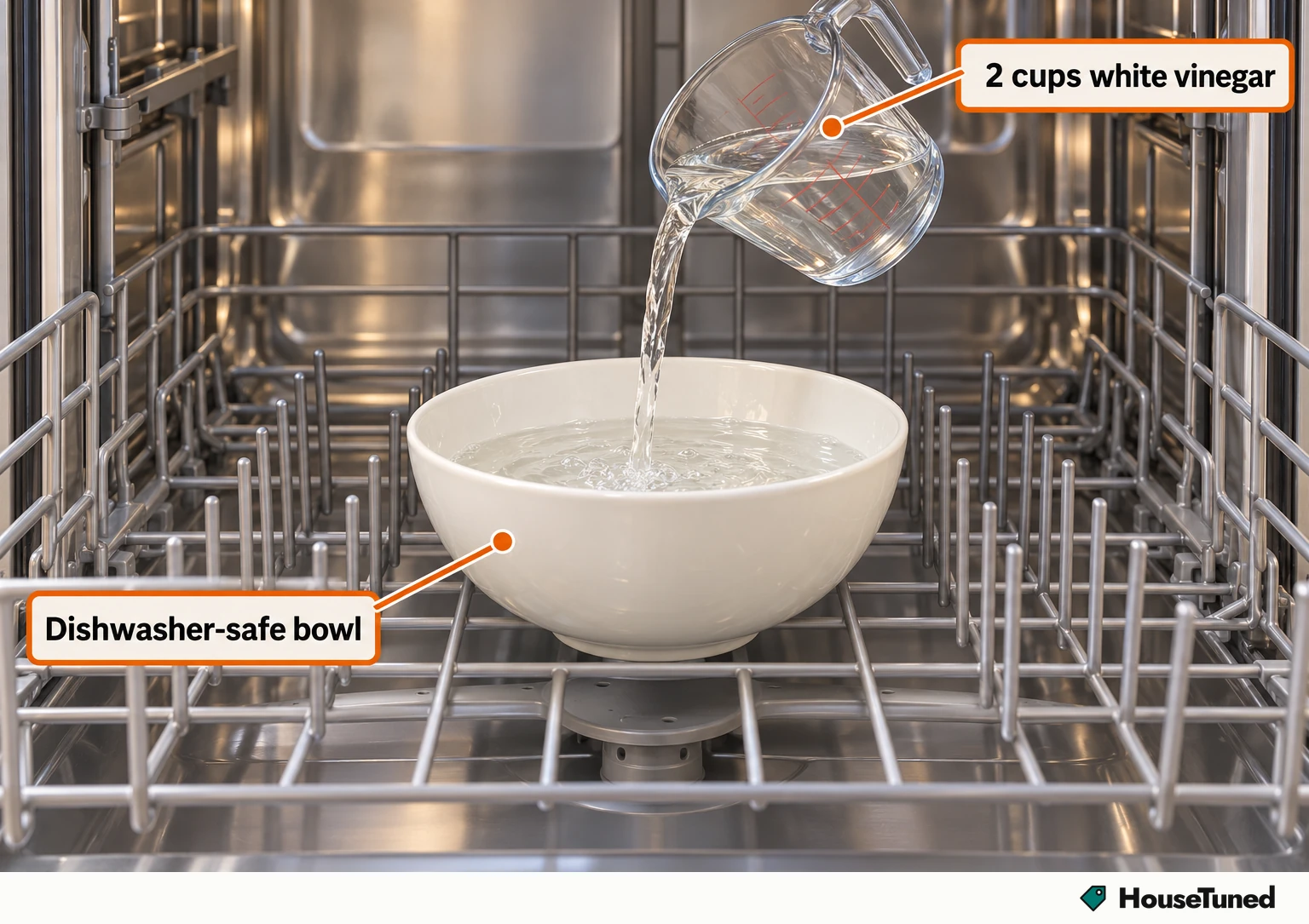 A measuring cup pours two cups of white vinegar into a dishwasher-safe bowl resting on the empty bottom rack of a generic dishwasher.