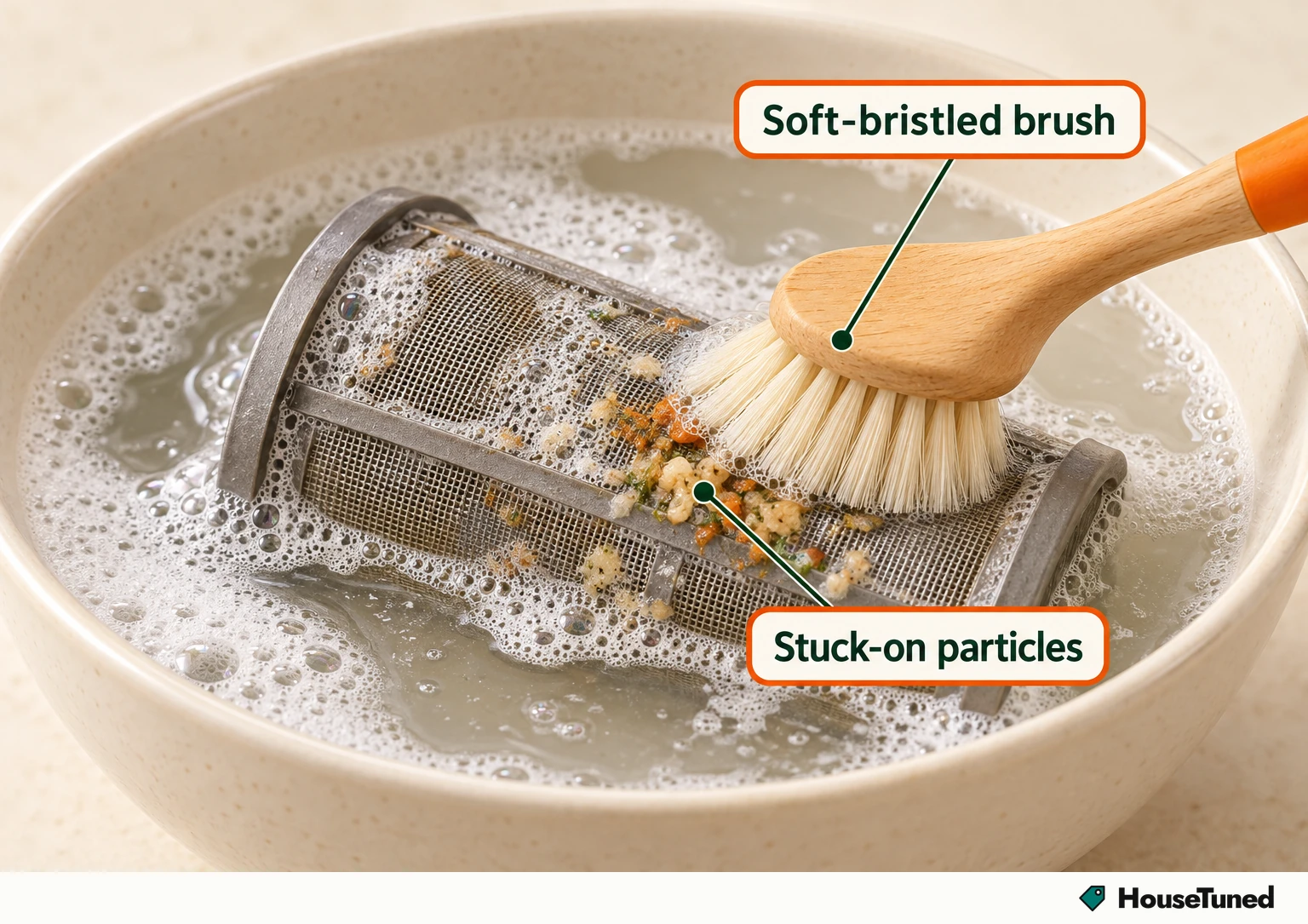 Close-up of a plain dishwasher filter soaking in soapy water as a soft-bristled brush gently loosens stuck-on particles.