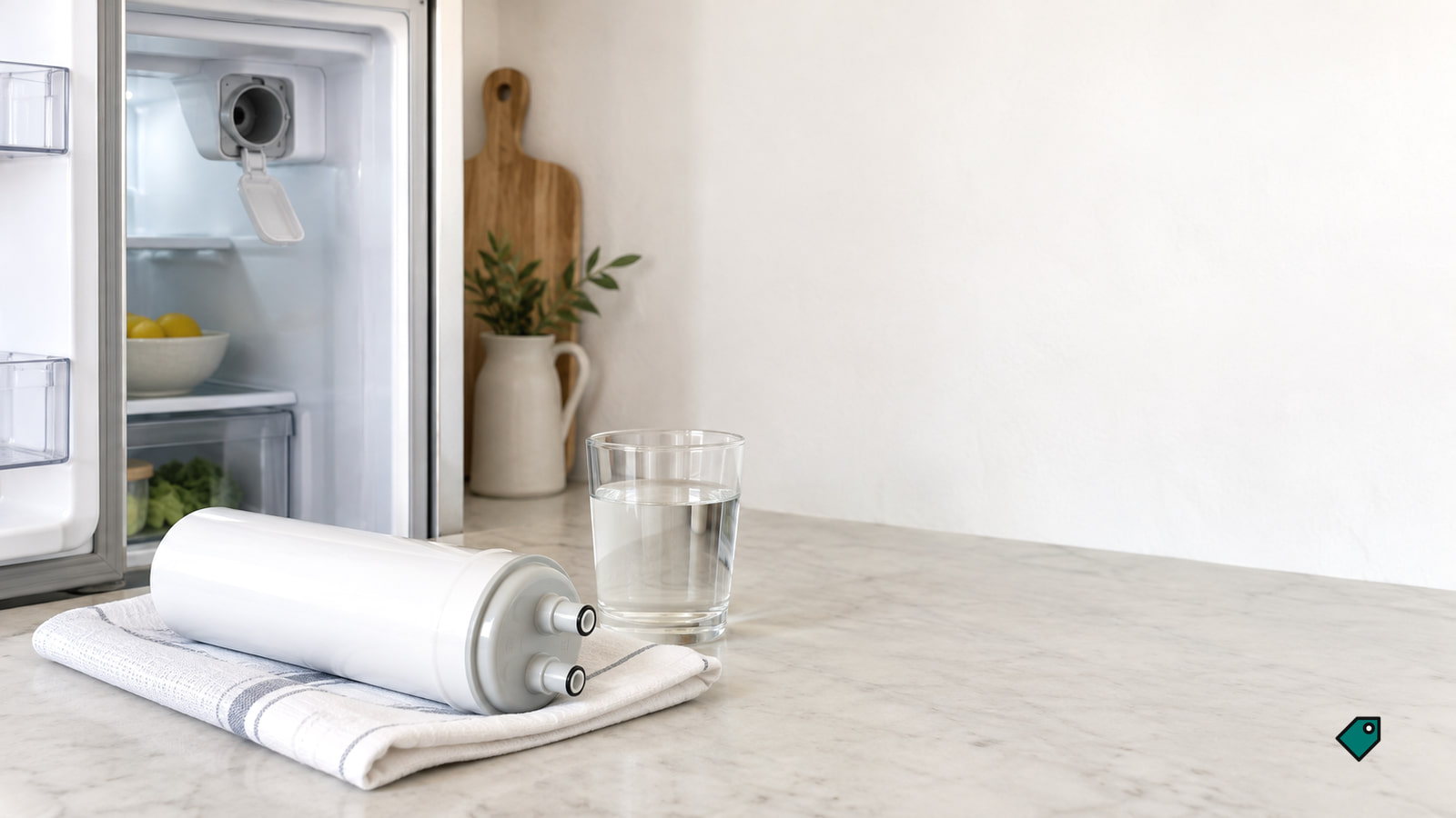 A white fridge water filter cartridge lies on a linen towel on a stone counter beside a glass of water, an open fridge edge behind in soft daylight.