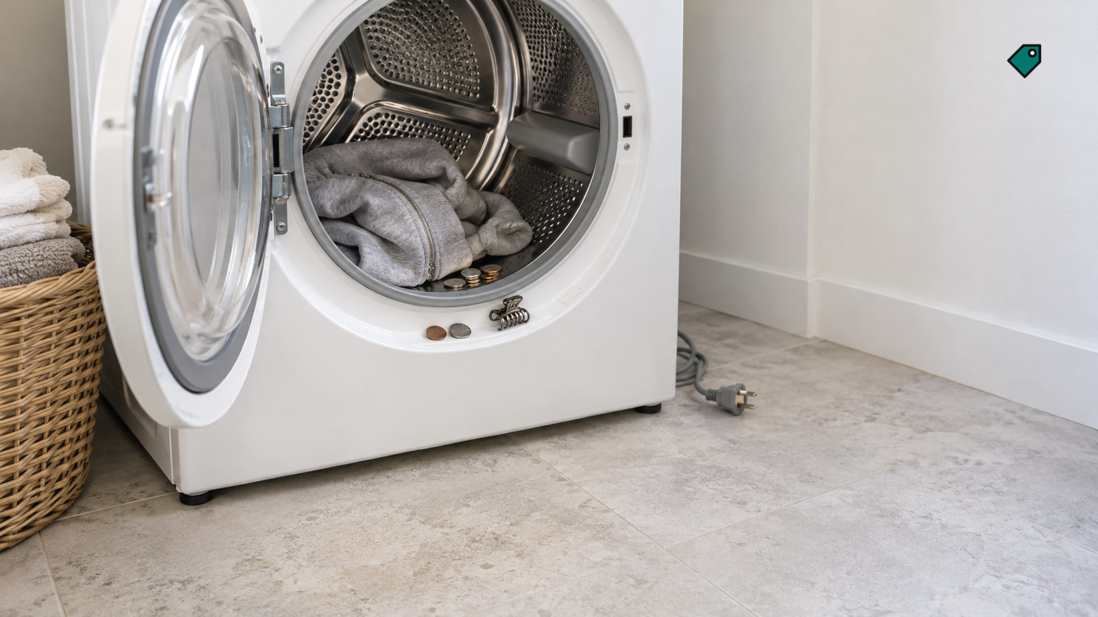 White dryer with its door open, loose coins and a zipped grey hoodie inside the steel drum, its unplugged cord on a pale tile floor in daylight.