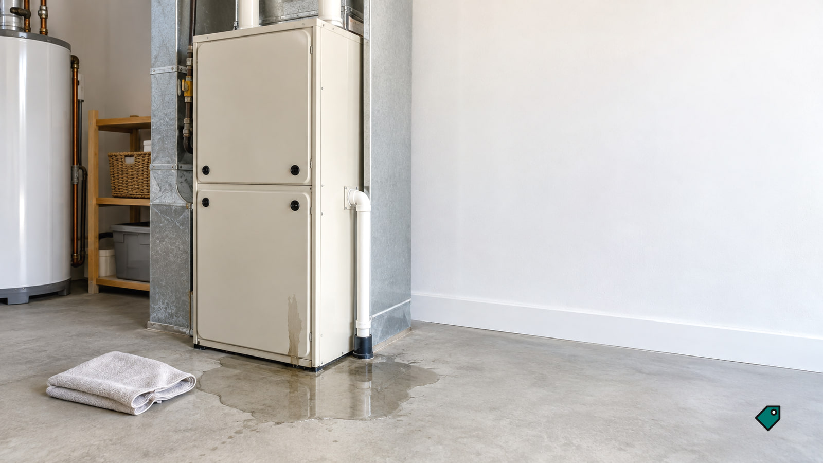 An off-white furnace in a utility cupboard with a shallow puddle on the concrete floor at its base and a folded grey towel nearby in soft daylight.