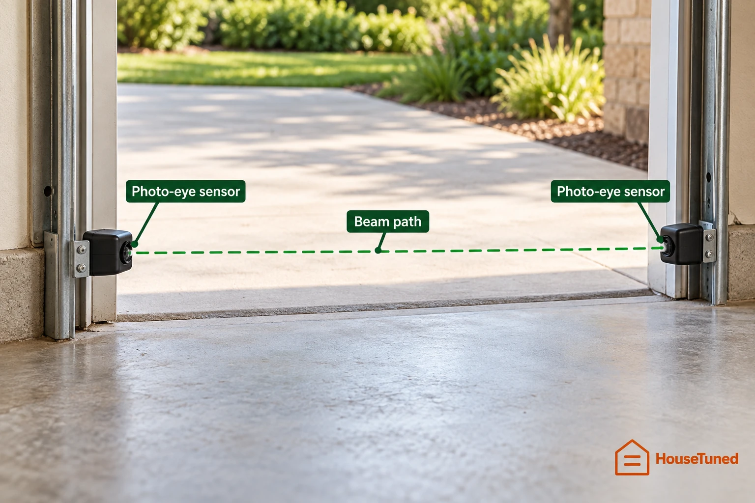 Two low-mounted photo-eye sensors face each other across a garage doorway, with a dashed line marking the beam path.