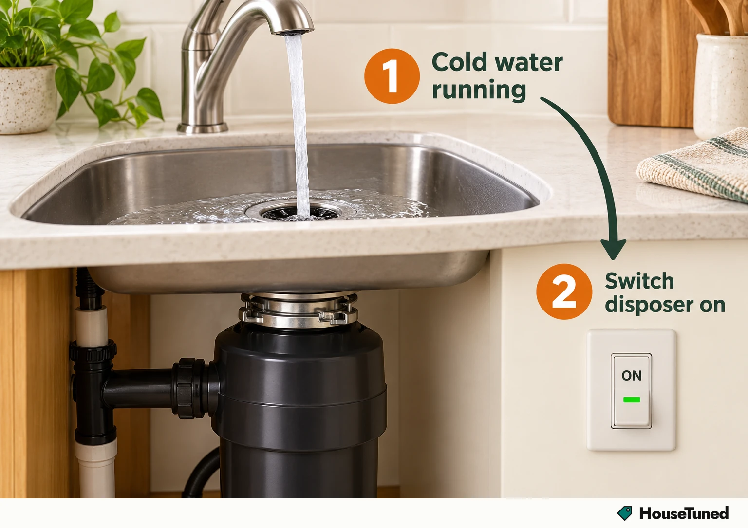 Order close-up at a generic sink: cold water already running into the drain, then the disposer switched on.