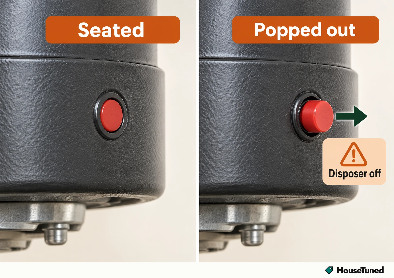 Close-up of the same red reset button twice: seated flush with the surface, then protruding outward after an overload shutdown.