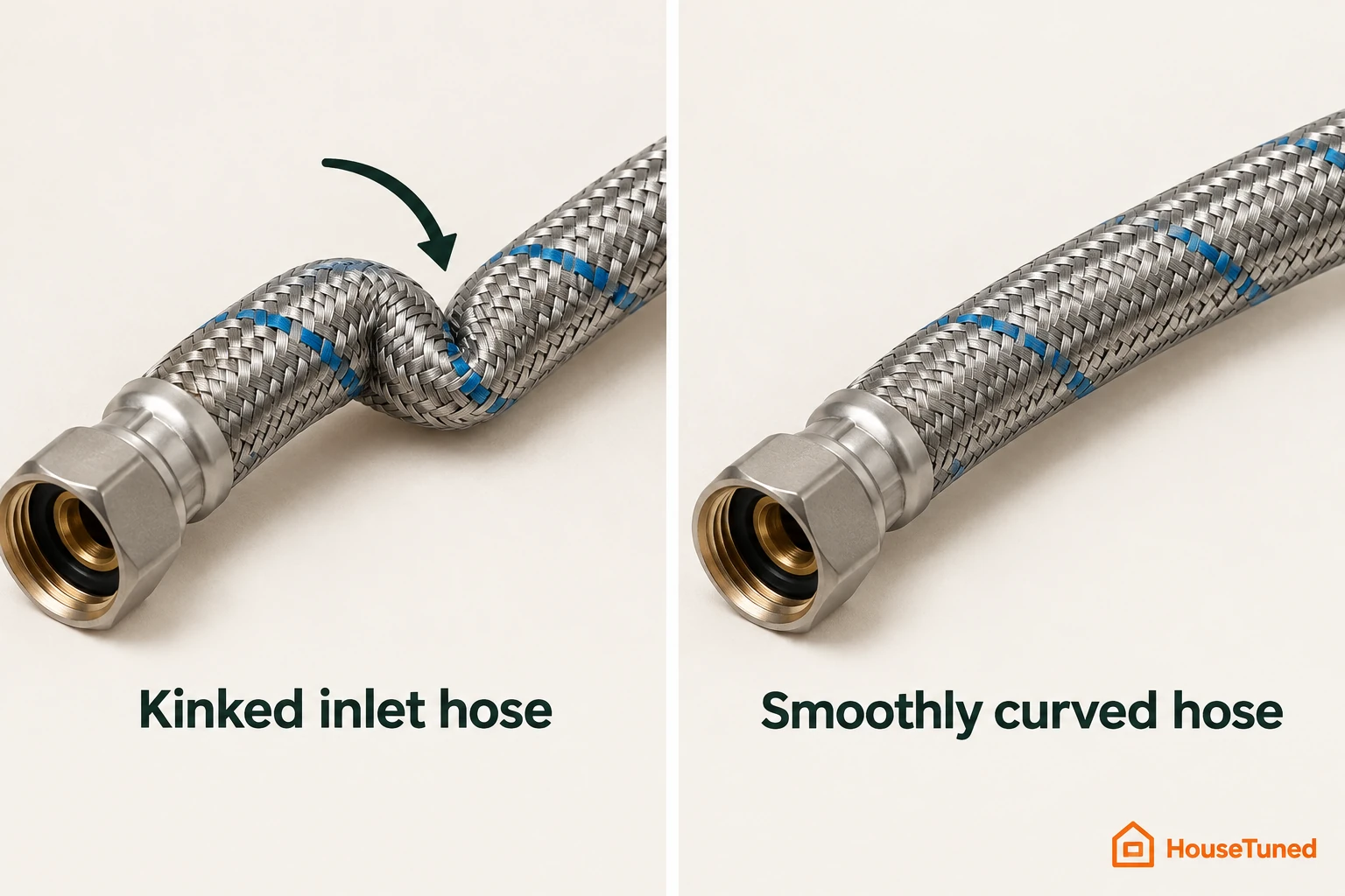 Two close-up panels of the same inlet water hose, one sharply kinked and pinched and one in a smooth unrestricted curve