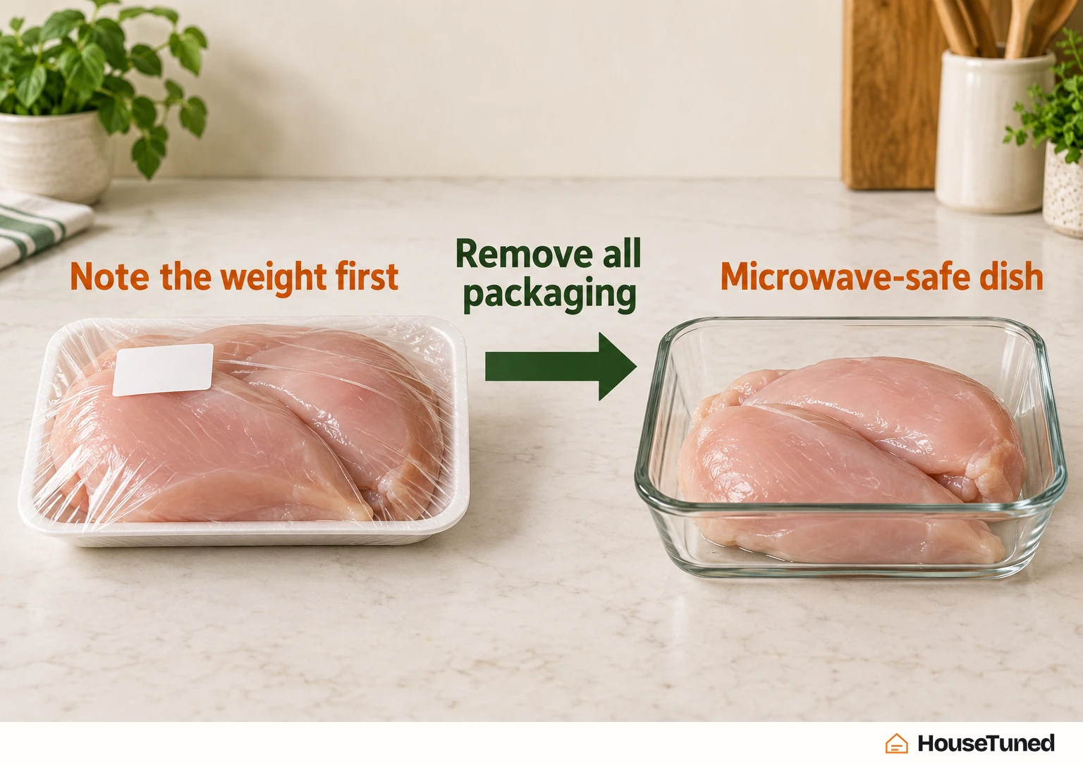 A wrapped package of raw chicken beside a microwave-safe glass dish, with an arrow showing the chicken moved from its packaging into the dish.