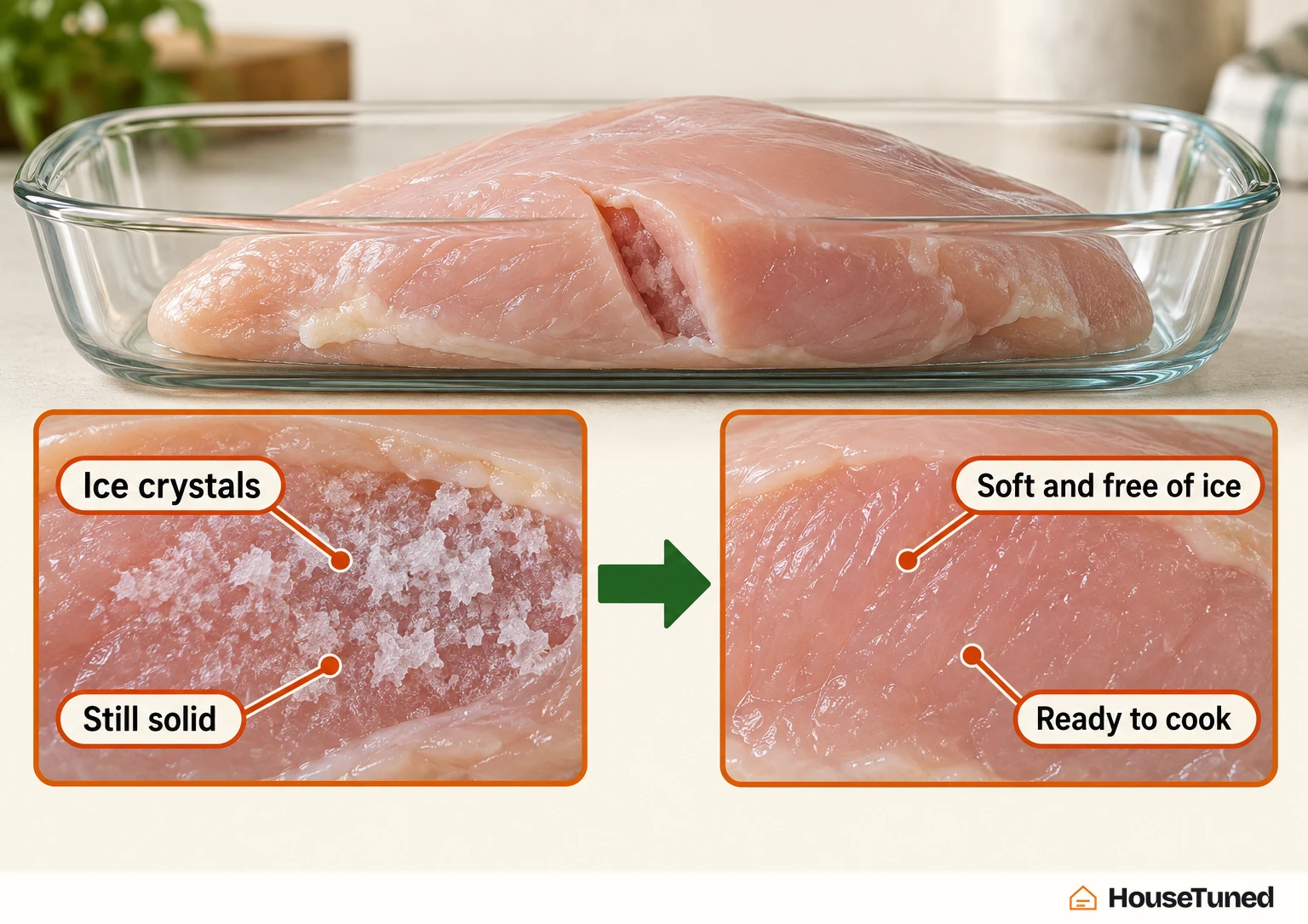 Close-up of a sliver cut in the thickest part of raw chicken, beside two panels: icy and hard, then soft and free of ice.