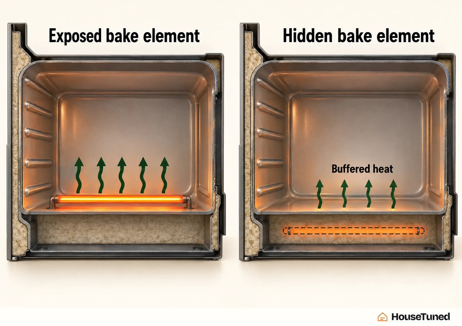 Matched oven cross-sections: exposed bake element above the floor at left; hidden element beneath the floor at right.