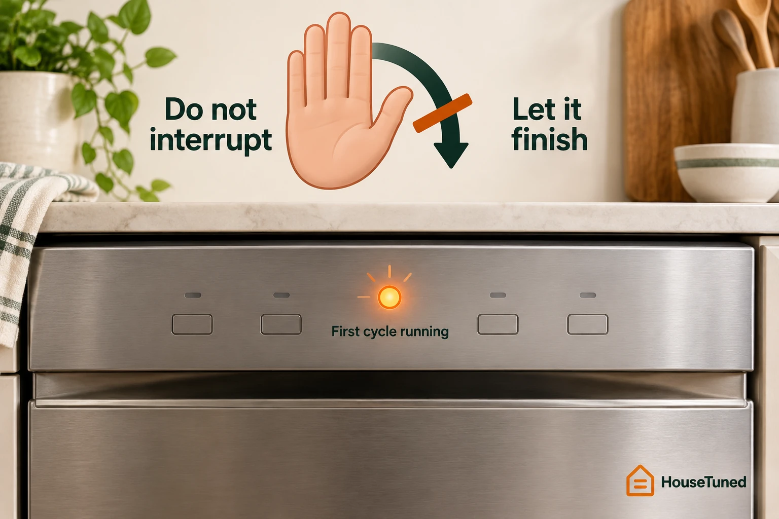 Close-up of a dishwasher panel with one steady indicator light and an open hand held back, showing the first calibrating cycle should be left to finish.
