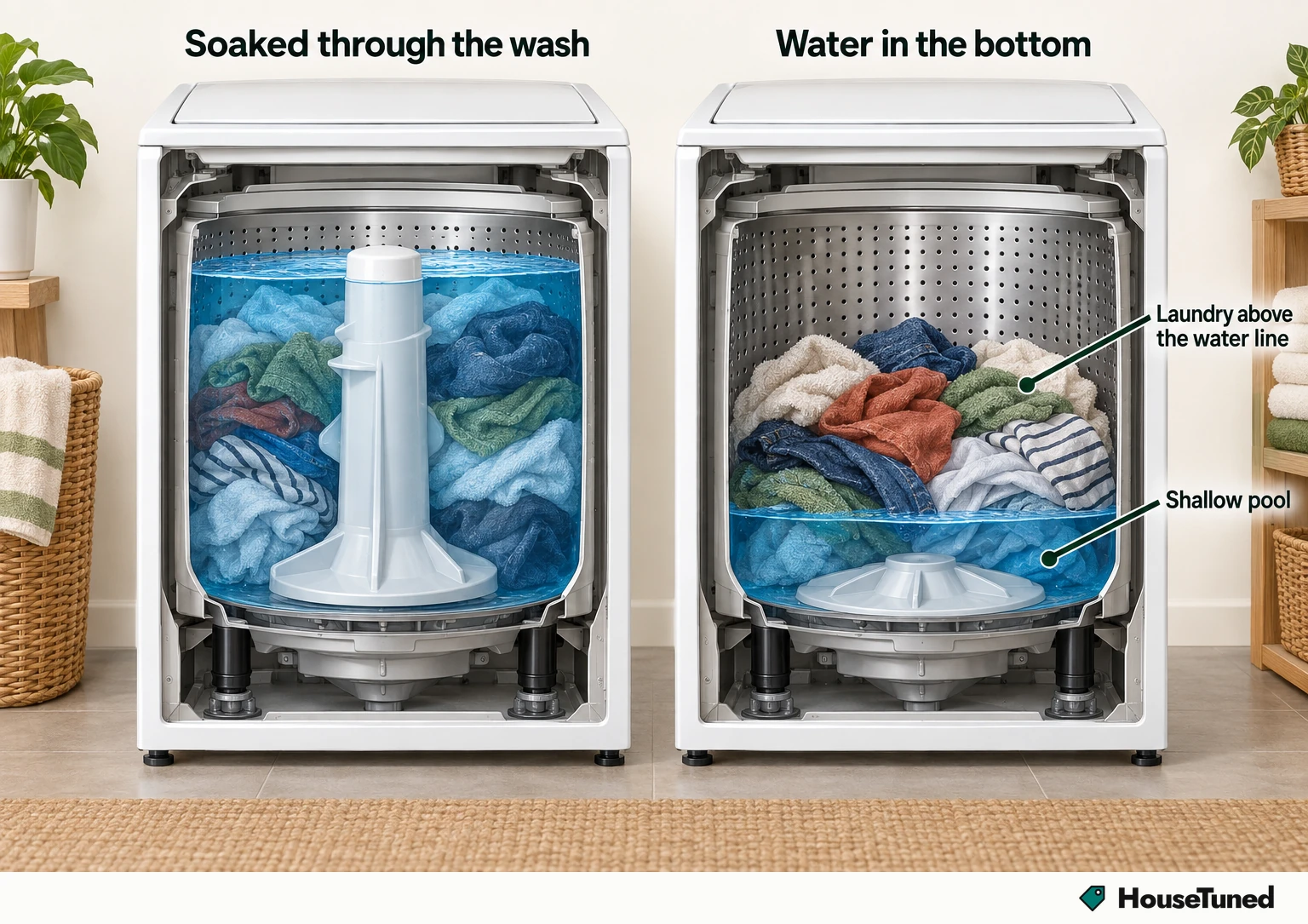 Side-view cross-sections of a top-load washer: left, water over submerged clothes and an agitator; right, a shallow pool with a washplate.