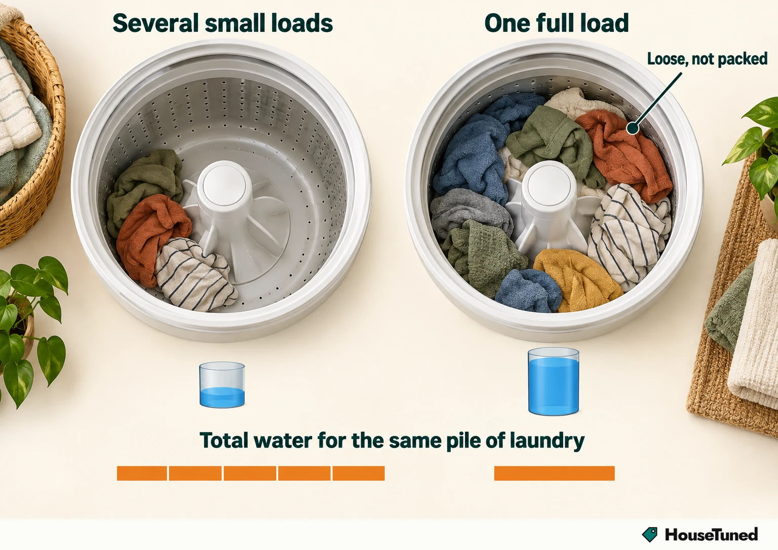 Overhead views of one washer basket: a small bundle of clothes beside a loose full, evenly spread load, with a two-piece total-water bar below.