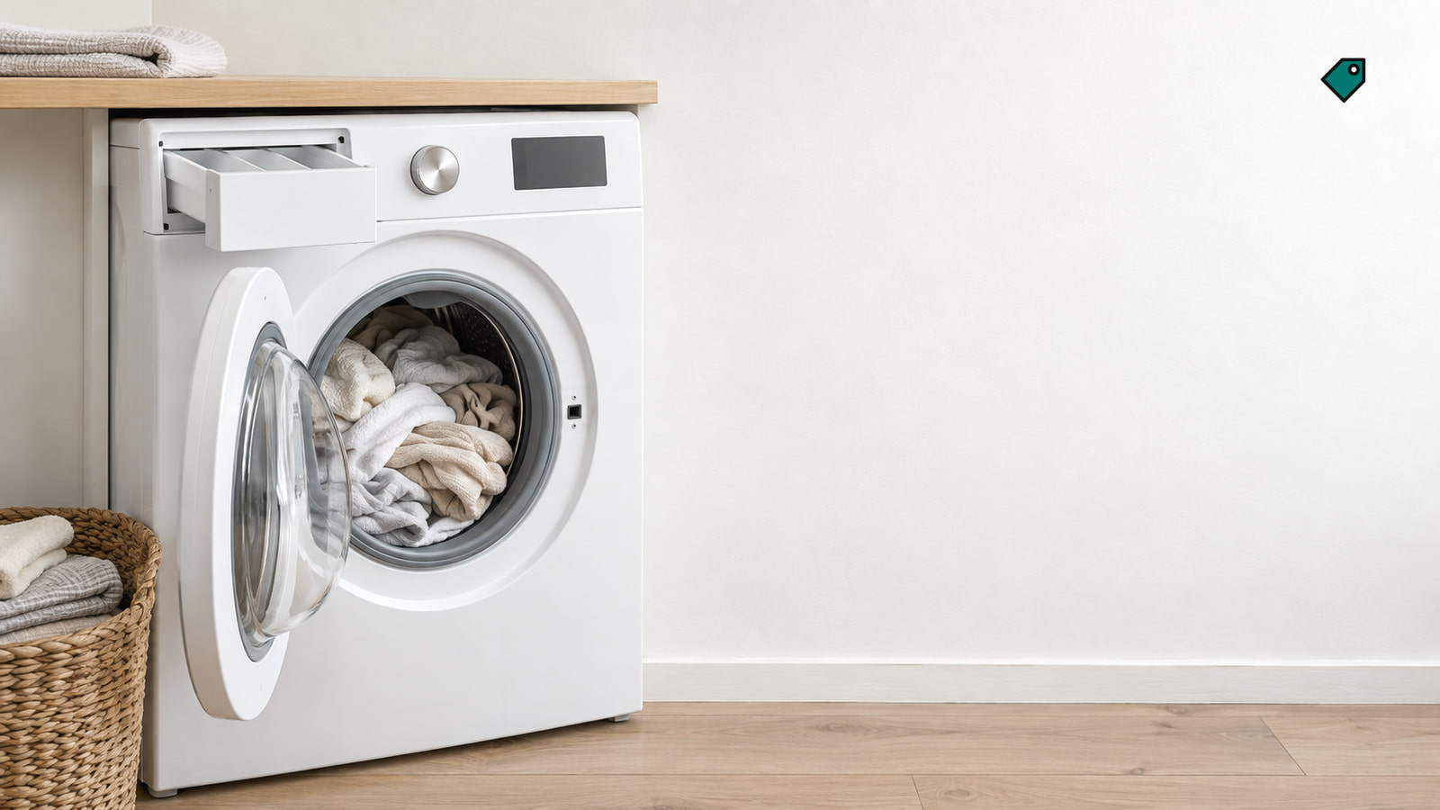 A white washing machine with its door and detergent drawer open sits under a wooden counter, with laundry inside and a basket of towels beside it.
