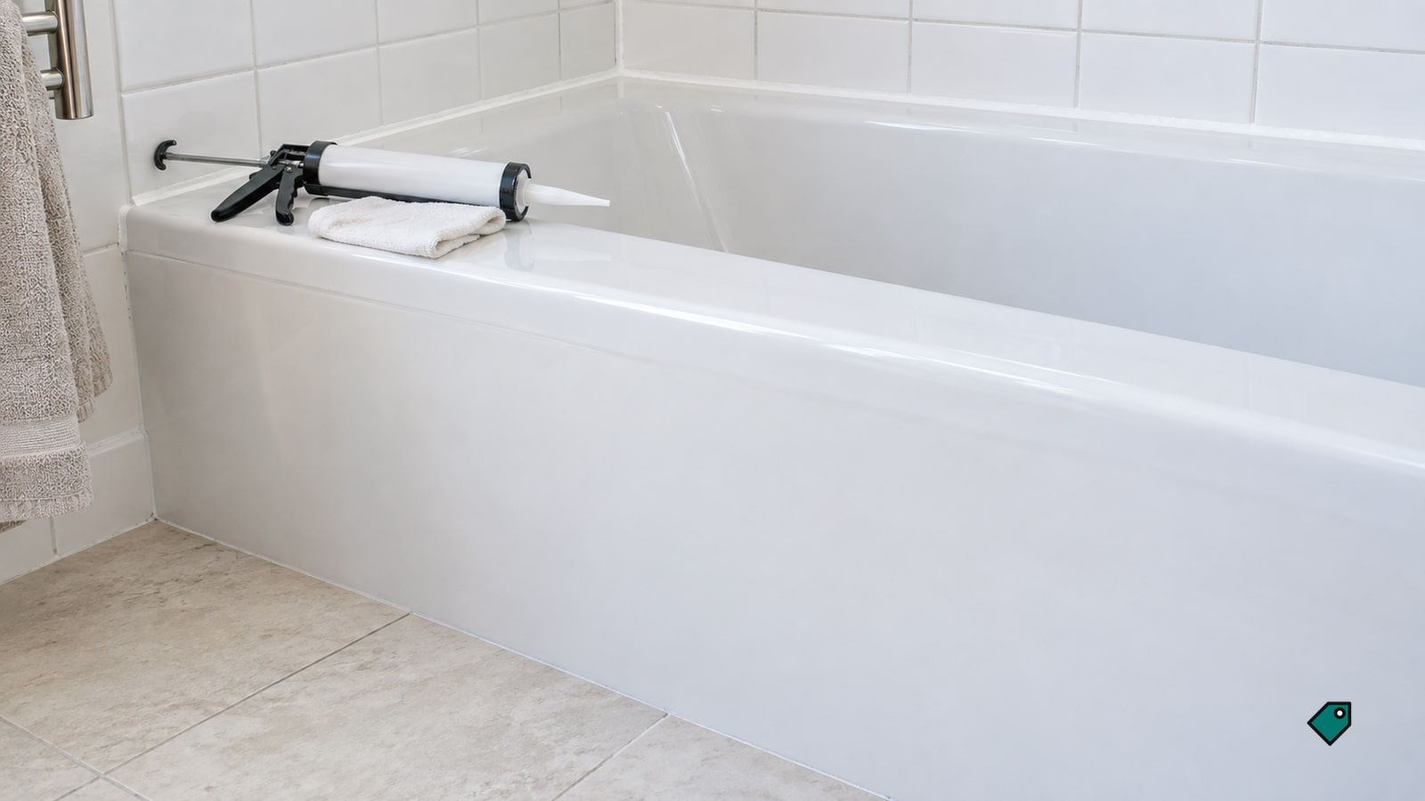 A caulking gun and folded white cloth rest on the rim of a white bathtub, with tiled walls and a hanging towel nearby.