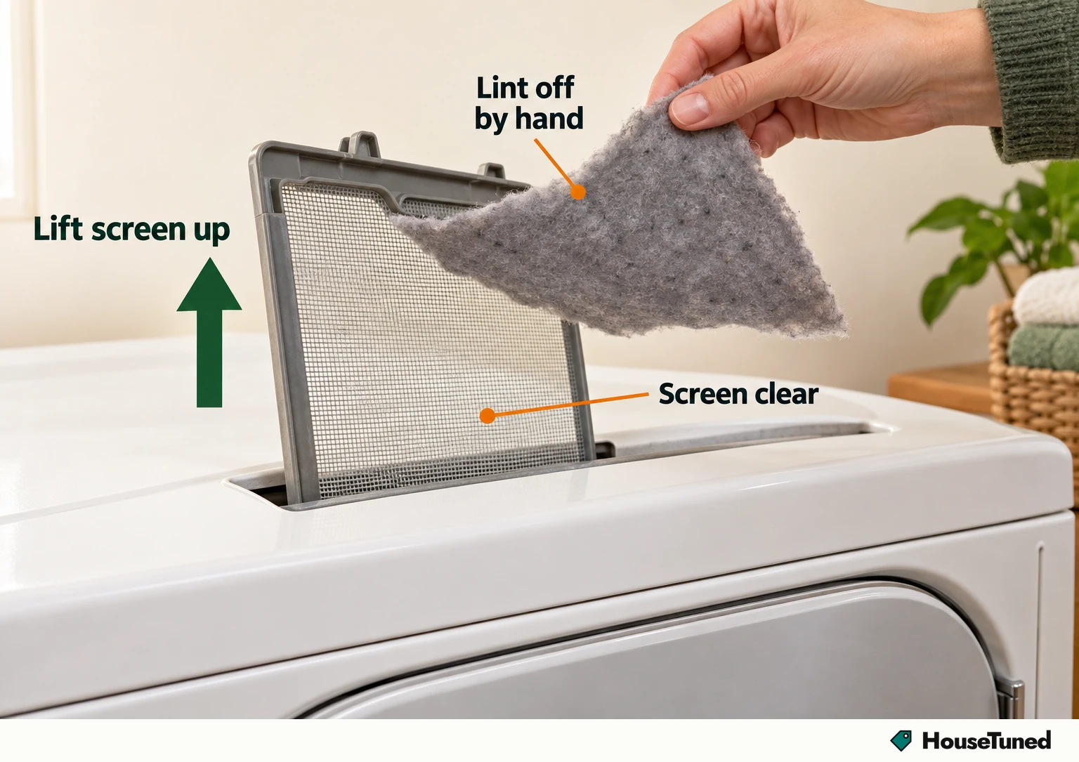 A lint screen pulled up from a generic dryer near the door, with a sheet of lint lifted off by hand and the mesh left clear.