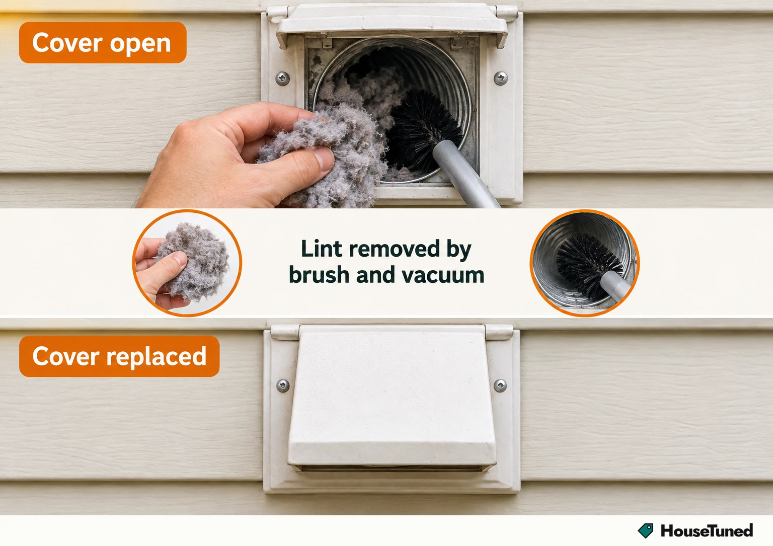Two panels of an outdoor dryer vent: cover open with lint-packed ductwork being cleared, then cover closed over the clean duct.