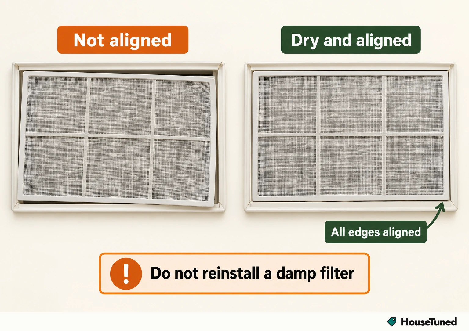 Two same-view panels of a dry AC filter in a plain rectangular frame: left seated loosely with a lifted edge, right flush and aligned.
