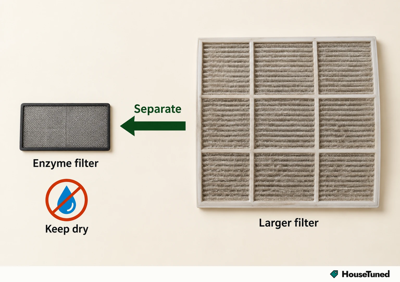 Flat-lay close-up: a small enzyme filter kept dry on the left, a larger dusty filter on the right, with an arrow labeled Separate between them.
