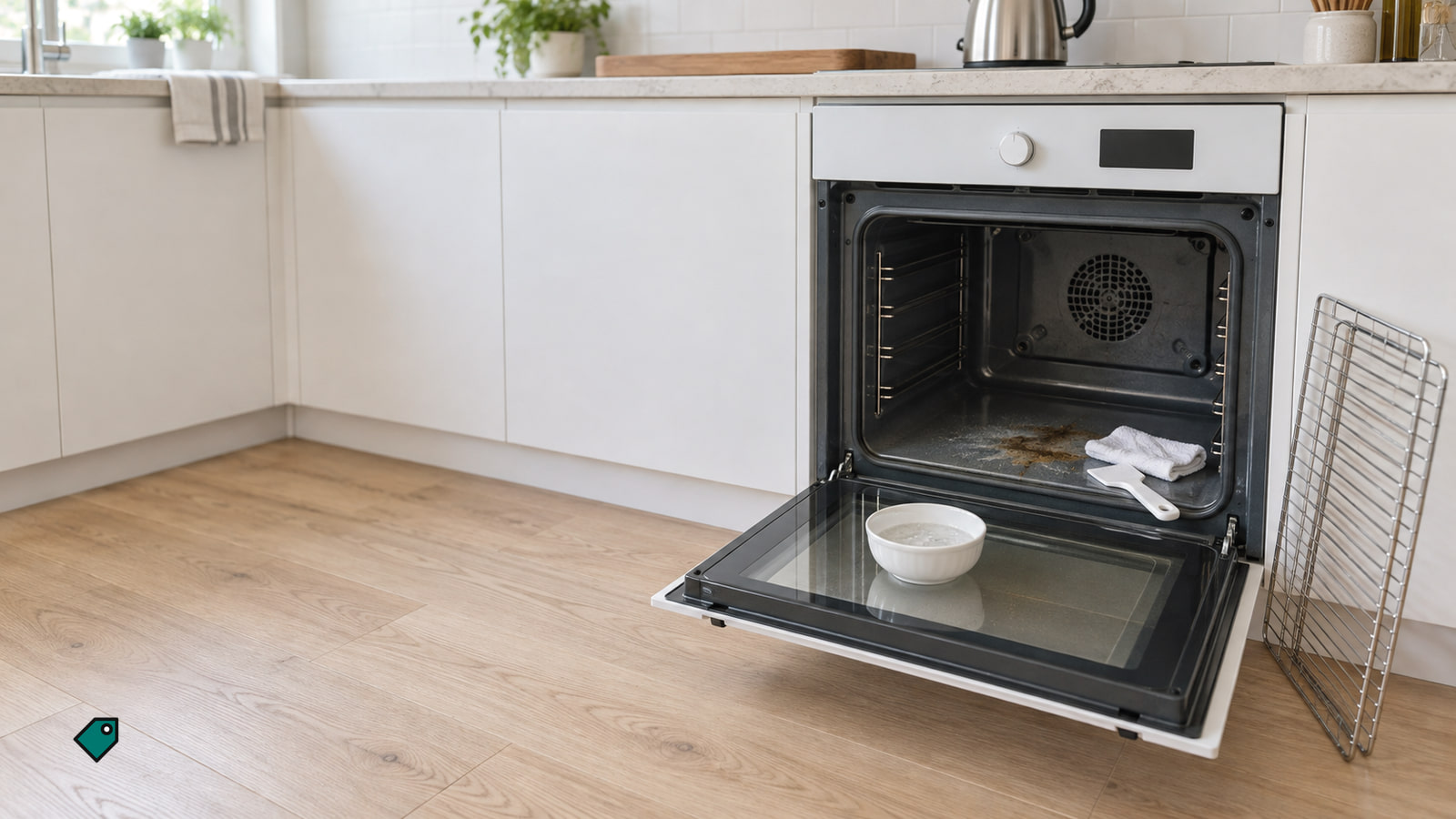 White oven with its door open and racks leaning beside it, a cloth and scraper on a half cleaned burnt patch on the oven floor, in soft daylight.