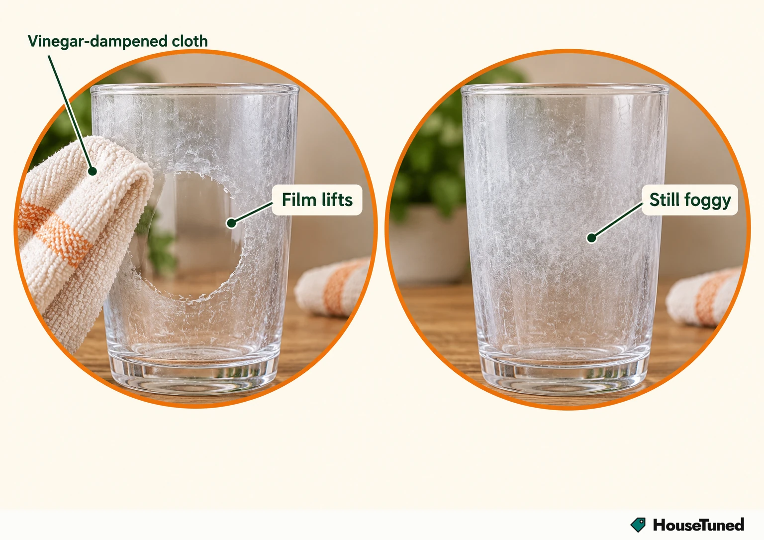 Two same-view close-ups of a cloudy glass: after a vinegar wipe one patch clears, the other stays foggy.