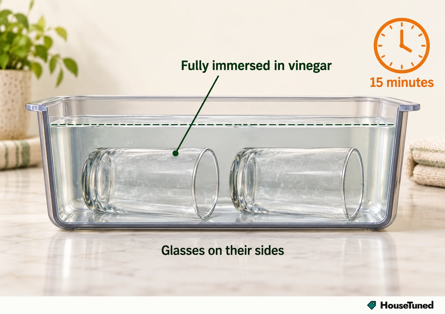 Two drinking glasses lying on their sides in vinegar, both completely below the liquid surface, with a 15-minute marker.