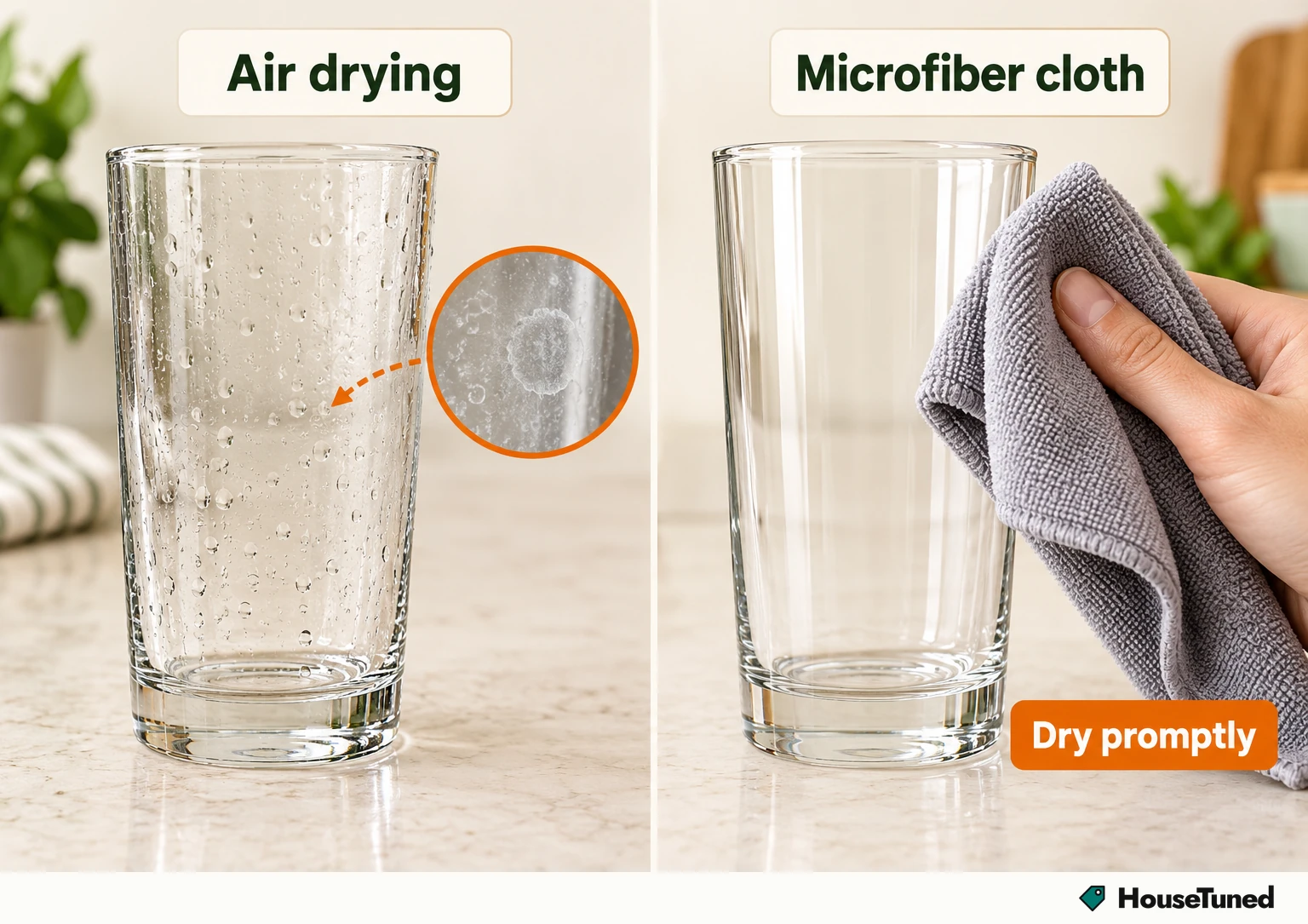 Two same-view panels of a just-washed glass: left with droplets left to air dry, right wiped dry with microfiber.