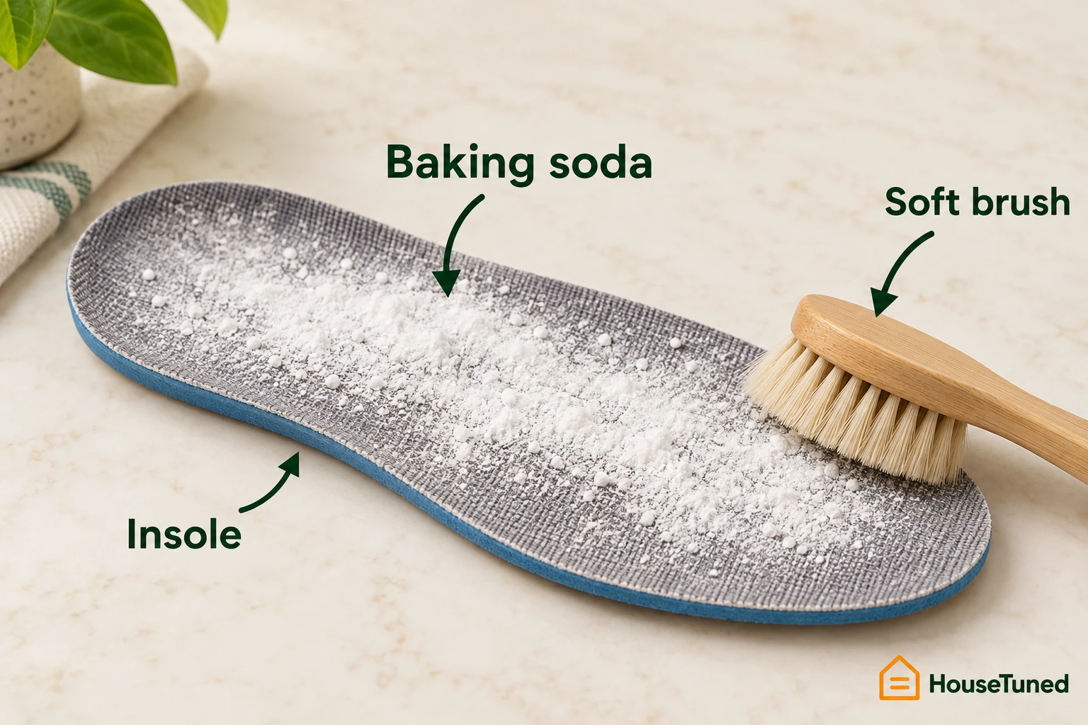 Close-up of a shoe insole dusted with baking soda and a soft brush beside it for brushing the powder off.