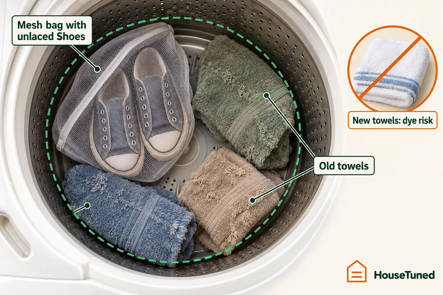 Overhead view of a mesh bag holding a pair of unlaced shoes among folded old towels in a washer drum, with a slashed icon for new towels.