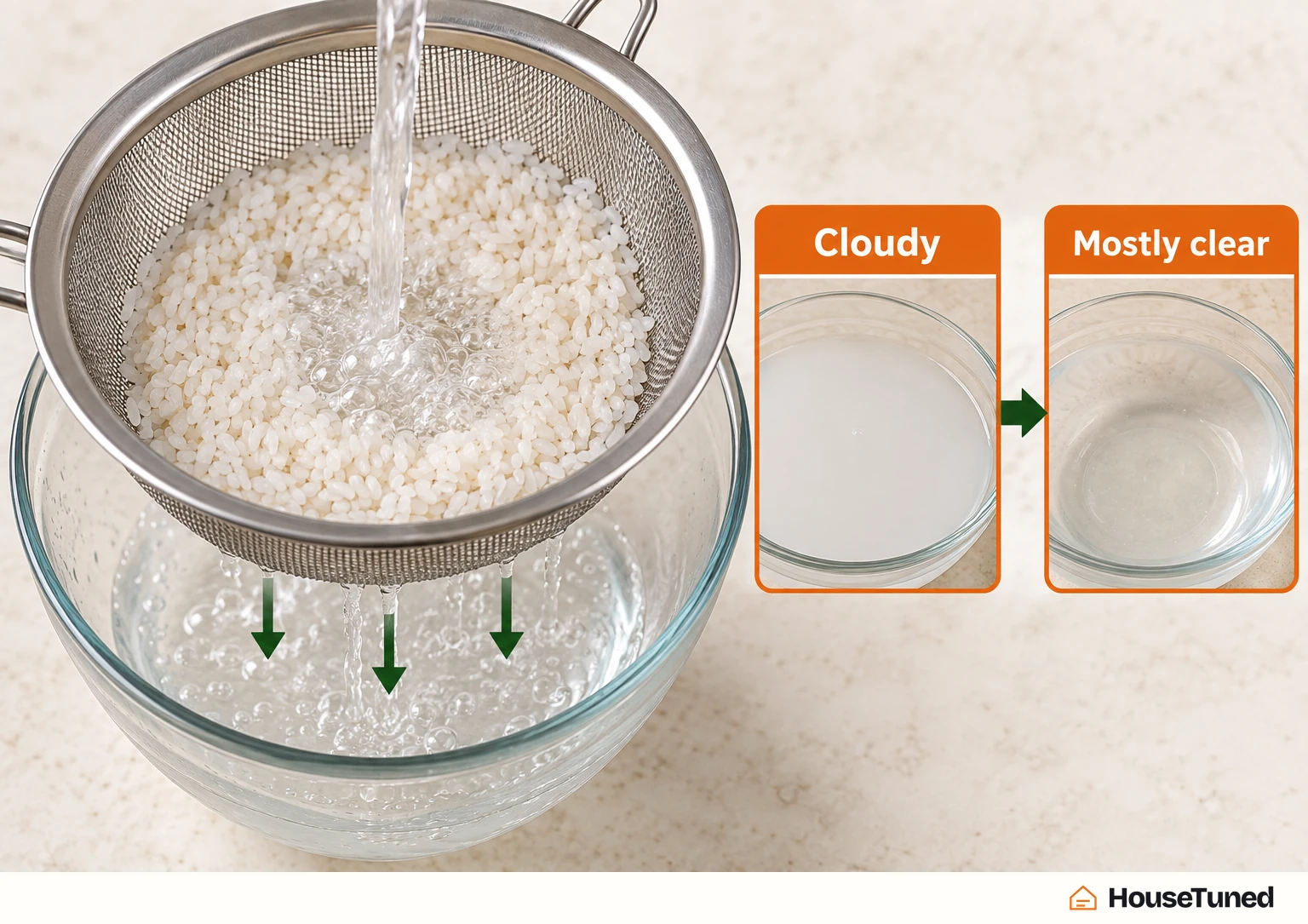 Close-up of rice in a sieve with water flowing through, beside a cloudy water panel and a mostly clear water panel at the same scale.