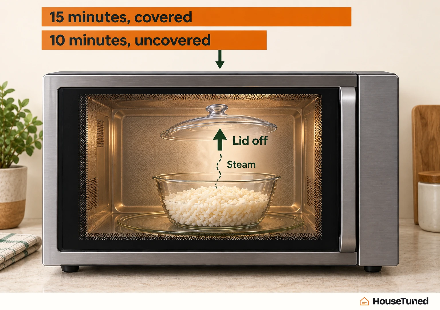 Cutaway of one bowl in a microwave: a covered 15-minute stage, then the lid lifted off with steam rising, then an uncovered 10-minute stage.
