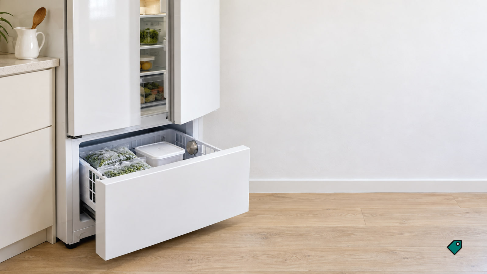 White refrigerator in soft daylight, freezer drawer pulled out with a small thermometer clipped inside and the fridge door slightly ajar above.