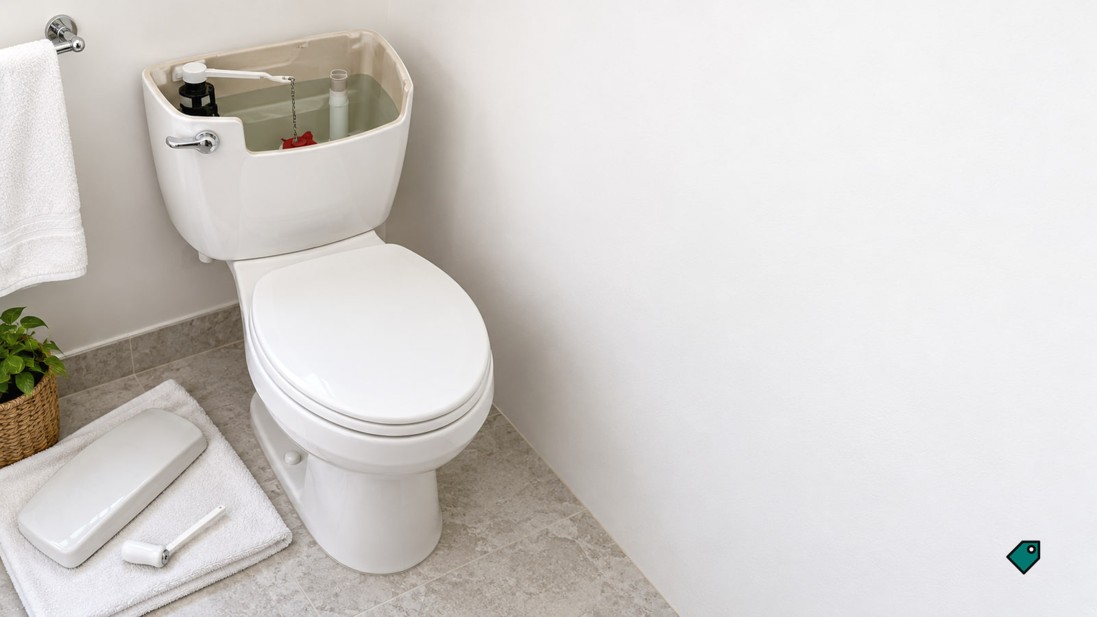 A white toilet with its tank open shows water and parts inside, while the tank lid and a white handle rest on a towel on the bathroom floor.