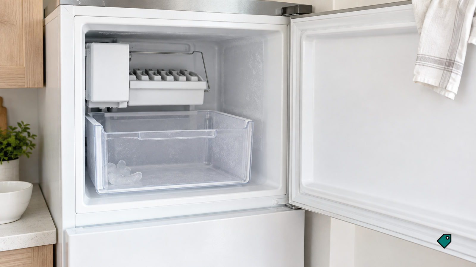 Open white freezer in soft daylight with the ice maker's wire arm raised and a clear ice bin pulled halfway out, nearly empty.
