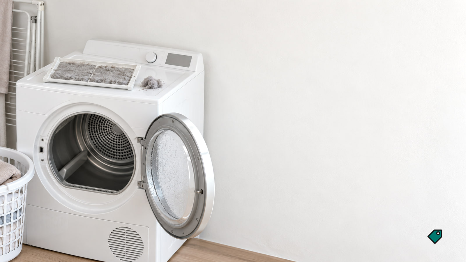 A white dryer with its door open and a lint-covered screen pulled out on top, in a bright laundry room with a basket of towels beside it.