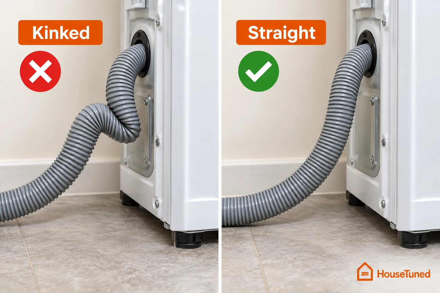 Side-by-side views of the same drain hose: one runs in a smooth even curve, the other folds into a sharp pinched kink.