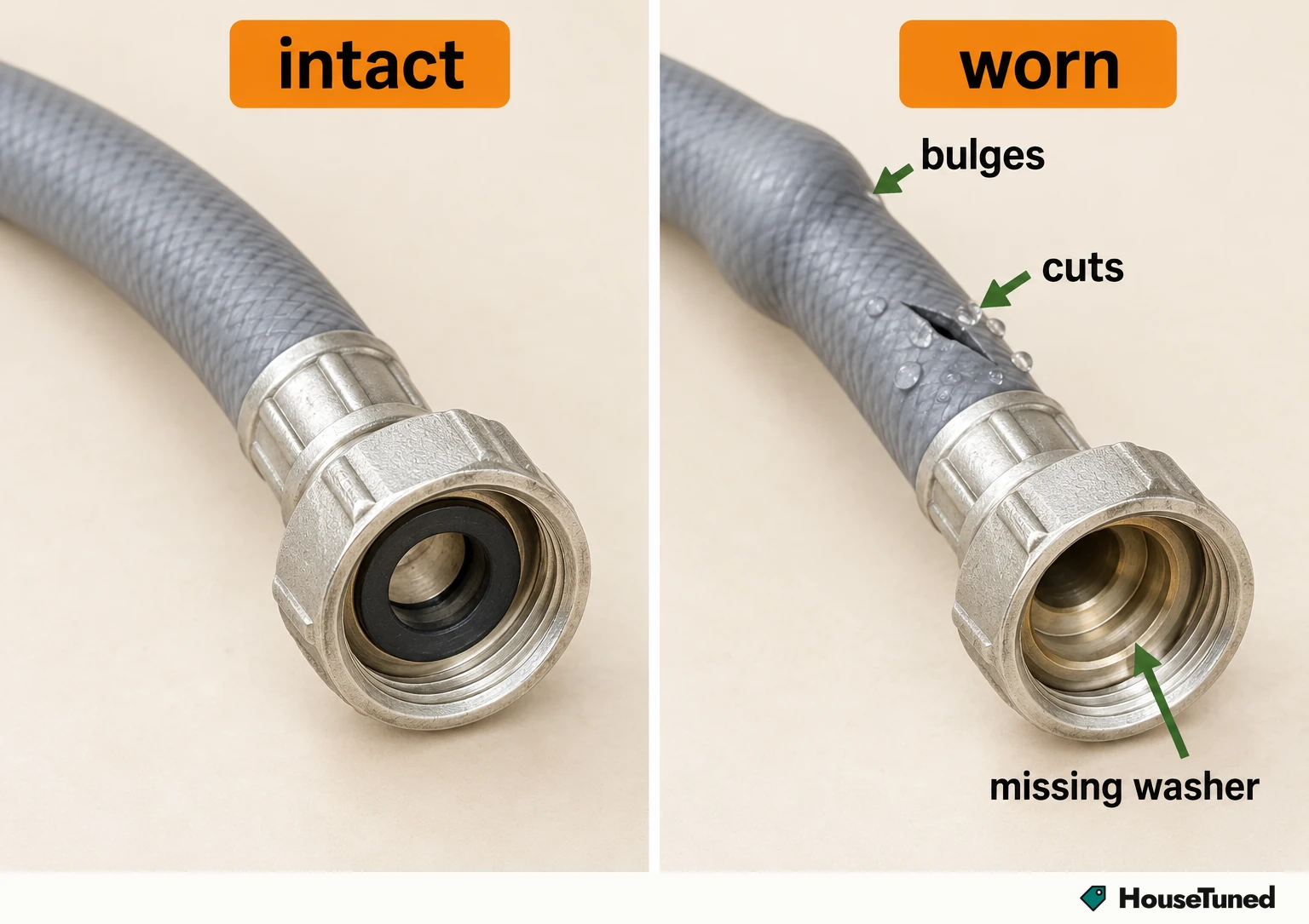 Two close-ups of the same inlet hose: left intact with a seated sealing washer, right showing a bulge, a cut and a missing washer.