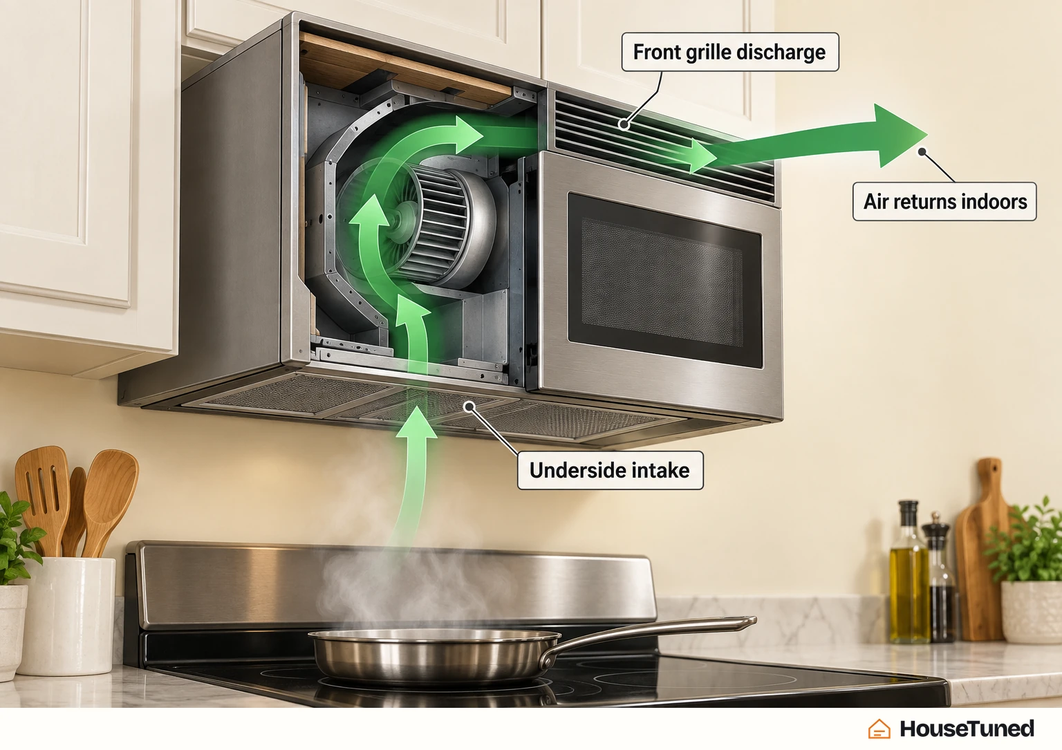 Cutaway of a generic over-the-range microwave showing air drawn up through the underside intake and blown out of the front grille back into the room.