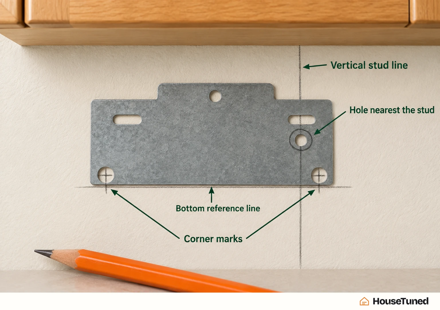 Close-up of bare wall below a cabinet: two corner drill marks, a bottom line, and a vertical stud line through one plate hole.