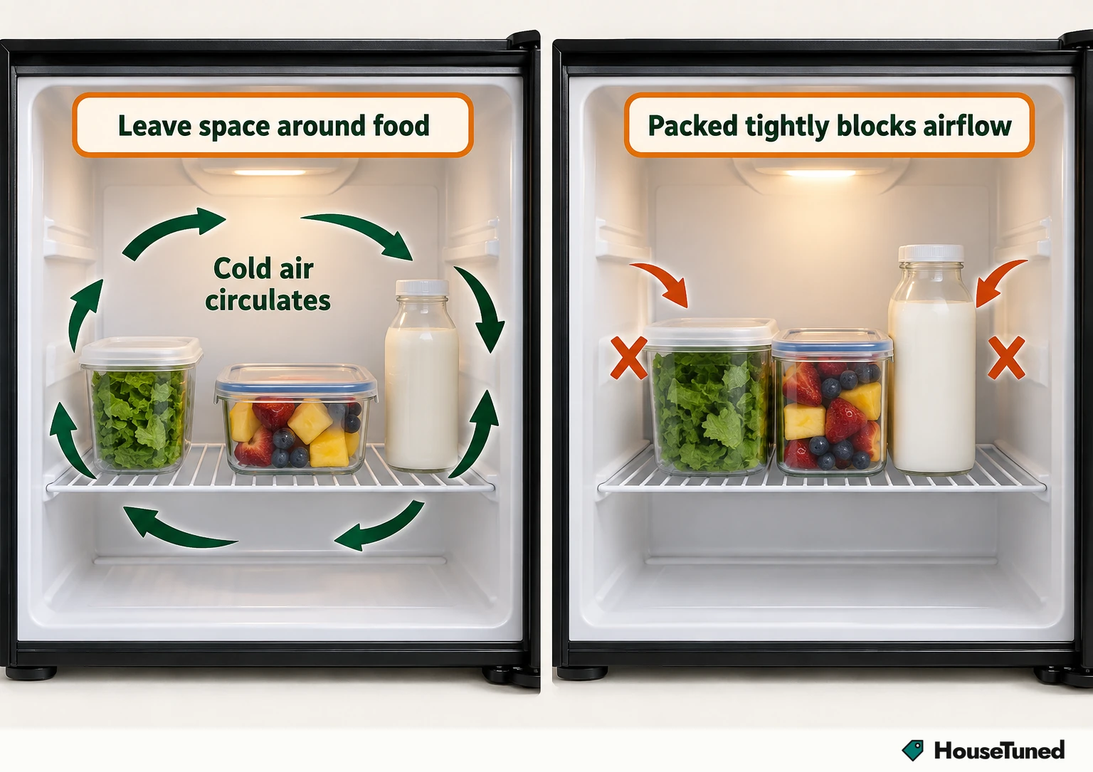 Two views of one fridge shelf: items spaced with cold-air arrows circulating, and identical items packed tight blocking airflow.