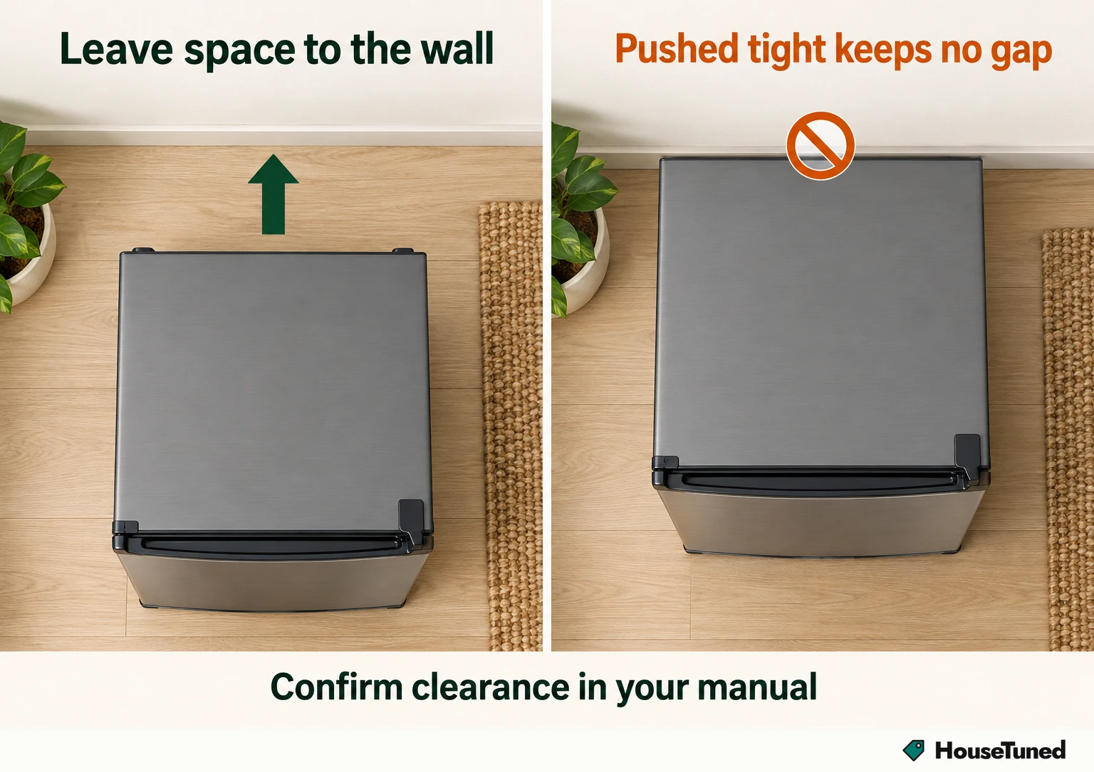Two overhead views of a mini fridge: a gap between its rear and the wall on the left, and its rear pressed flush against the wall on the right.