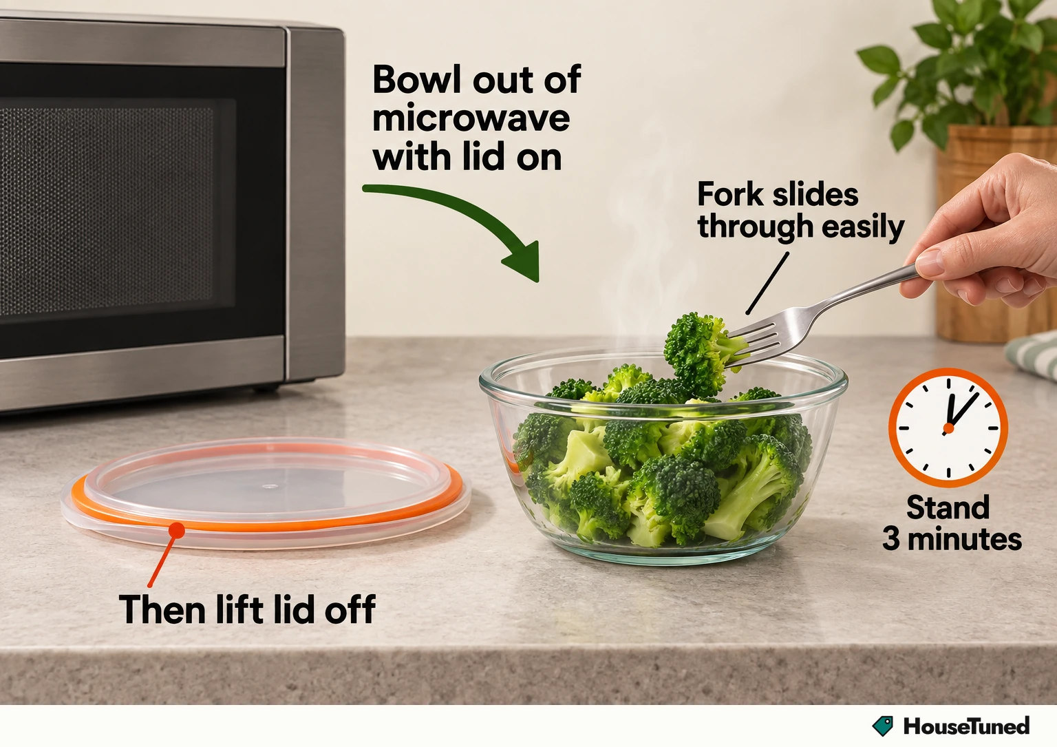 Bowl of broccoli on a counter beside a closed microwave, lid set aside, a fork piercing a floret while a 3 minutes stand clock sits nearby.