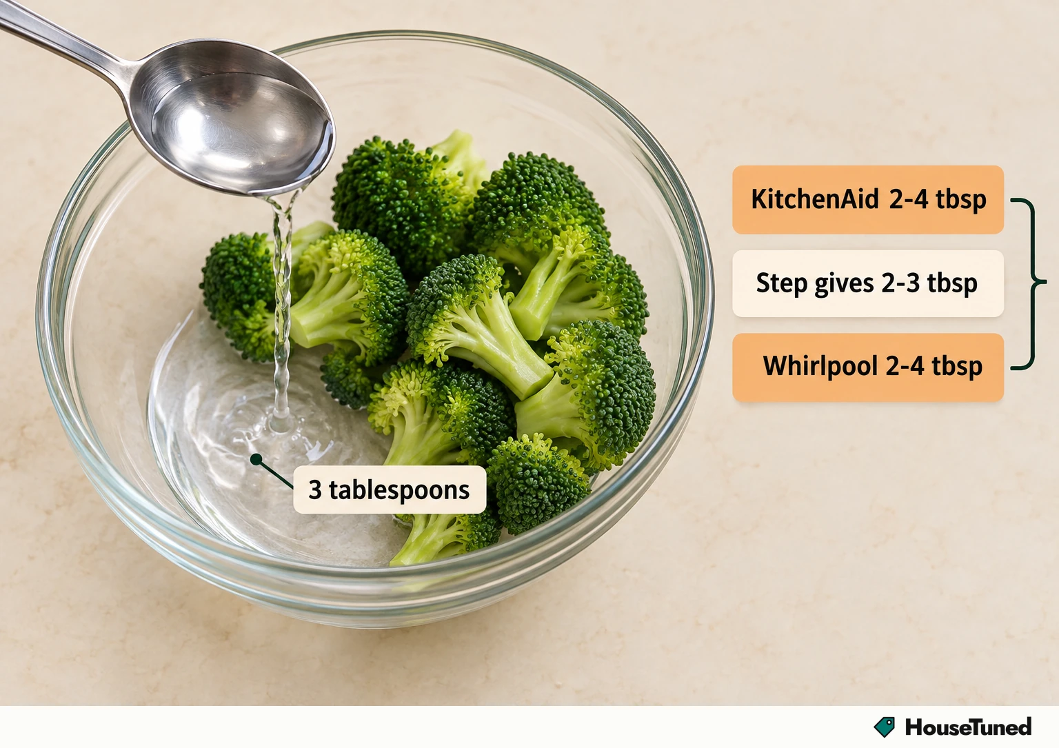Overhead close-up of water poured from a tablespoon into a bowl of broccoli, with 3 tablespoons marked and both brands' ranges noted beside it.