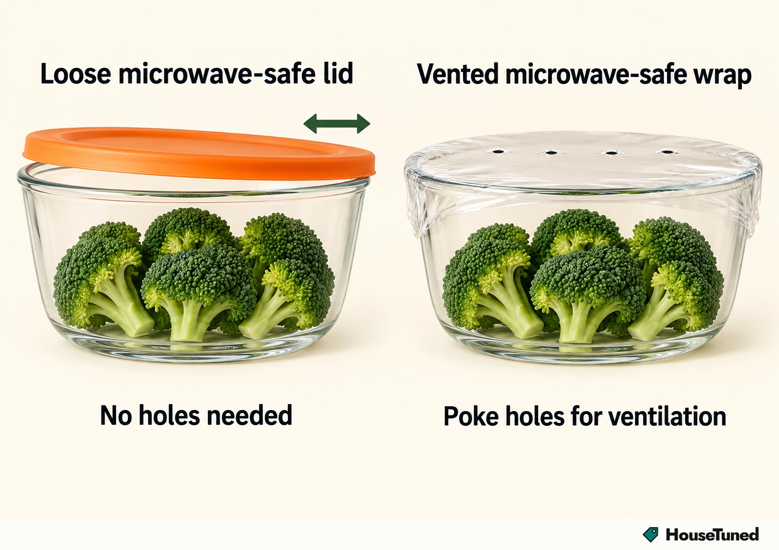 Two bowls of broccoli in shallow water: one with a loose lid ajar, one sealed with vented plastic wrap poked with holes.